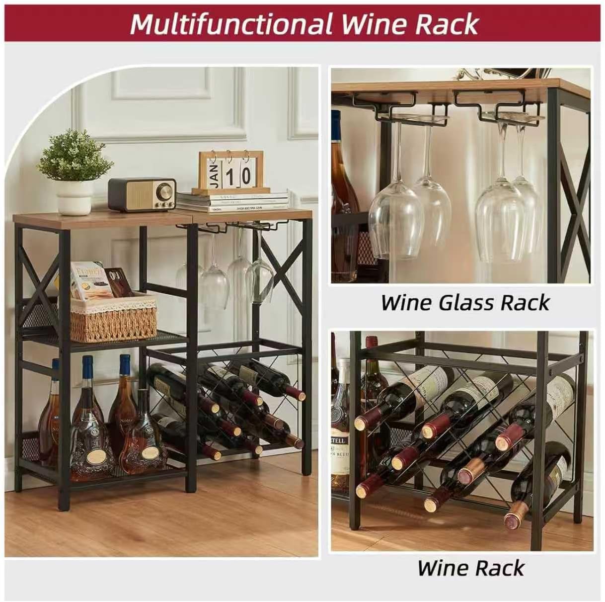 MNEETRUNG Wine Bar Cabinet, Rustic Freestanding Wine Rack with Glass Holder and Fence, Bar Cabinet with 2 Tier Storage, Liquor Shelf for Home Bar, Rustic Brown