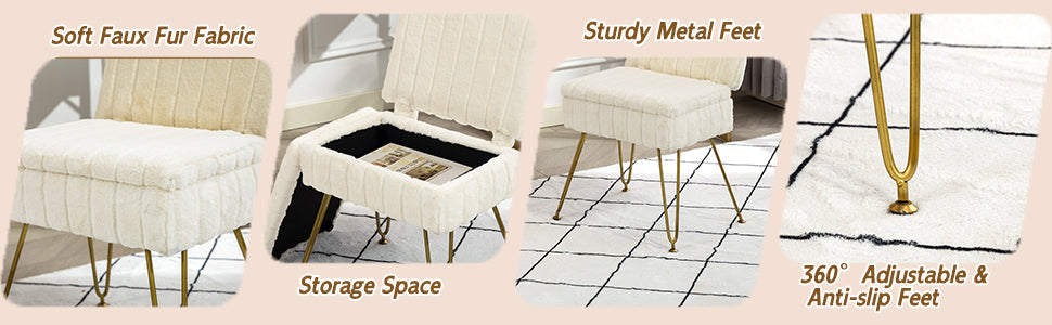 Vanity Chair with Storage, Comfy Ottoman with Folding Back, Faux Fur Vanity Stool with 4 Metal Legs for Make Up, Furry Padded Seat with Anti-Slip Feet for Bedroom Dressing Room