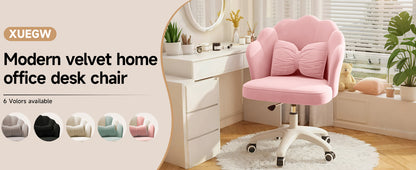 Chair with Bow Cushion Velvet Vanity Chair with Wheels, Upholstered Home Office Chair for Girls Women, Mid-Back Swivel Computer Task Chairs for Living Room Bedroom