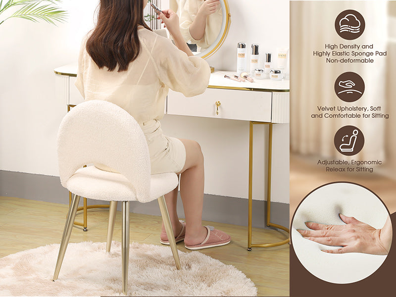 Vanity Chair with Adjustable Backrest, Boucle Upholstery Armless Makeup Stool, Cream White Sherpa Vanity Stool with Gold Metal Legs for Bedroom Living Room Kitchen Dinning Room (Gold and White)