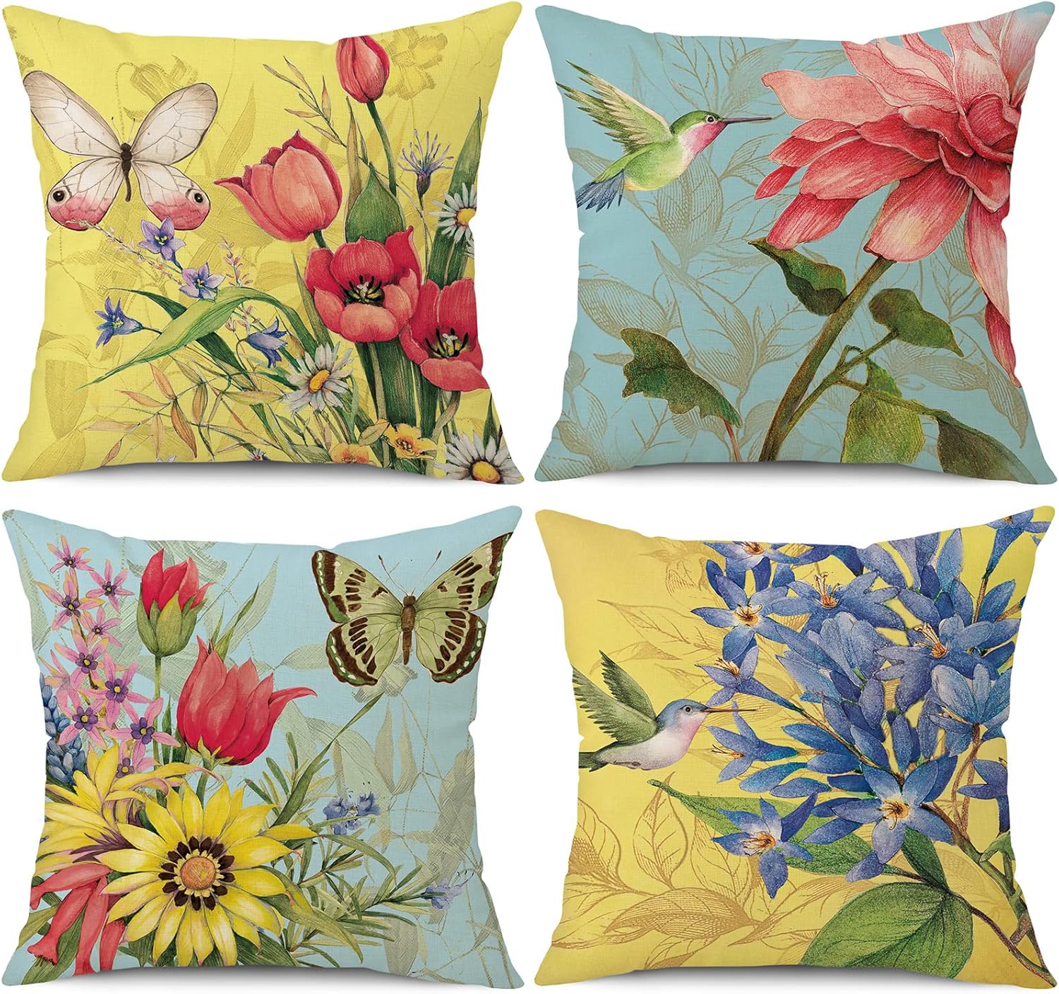 wyooxoo Throw Pillow Covers 18x18 Set of 4 Decorative Spring Pillow Covers Linen Flower Butterfly Farmhouse Pillowcases for Sofa Couch Living Room Outdoor