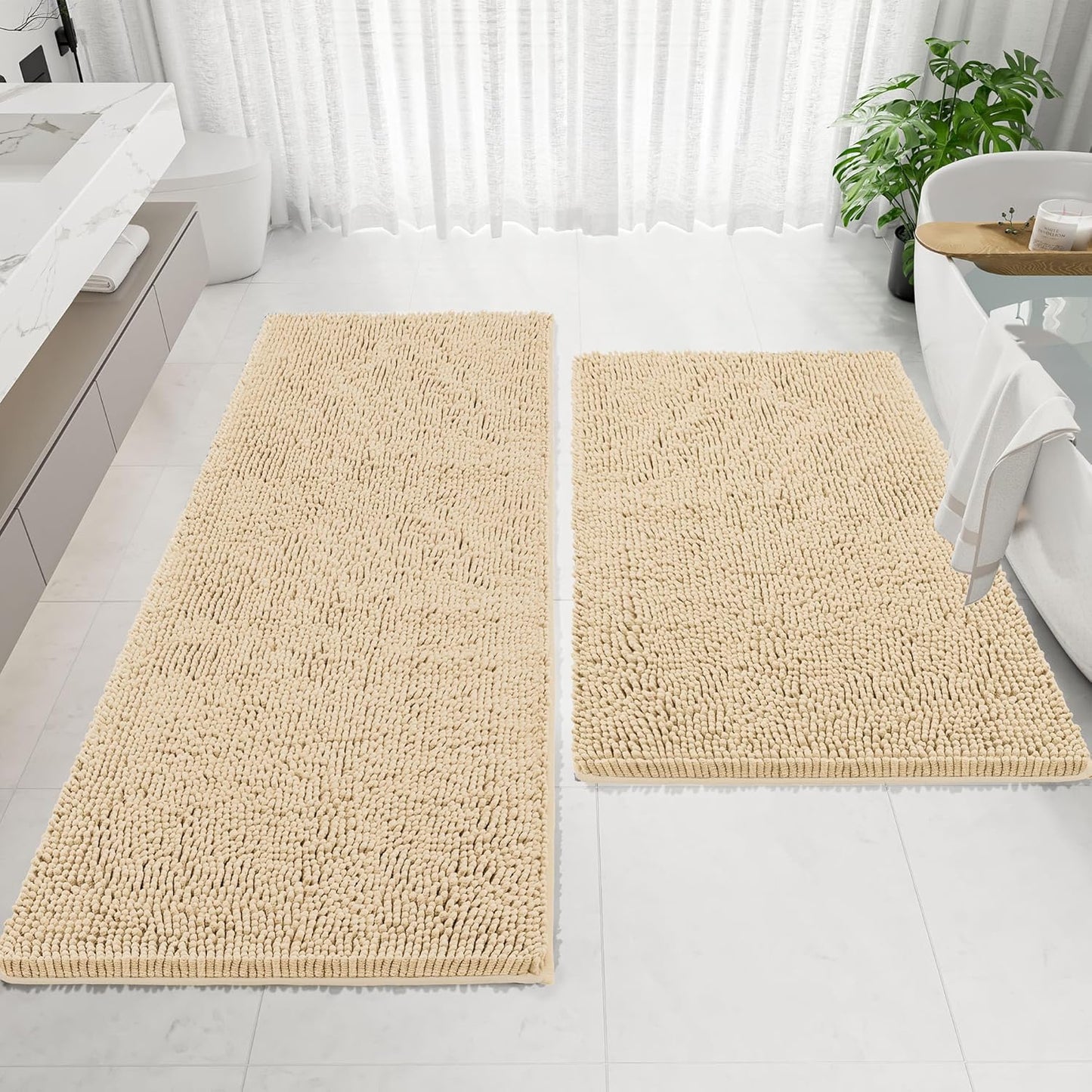 Bathroom Rugs Mat 60 x 36, Thick Soft Absorbent Chenille Bath Rugs, Rubber Backing Bath Mats for Bathroom Floor, Tub, Shower, Bedroom, Home Decor Accessories, Quick Dry Machine Washable, Beige