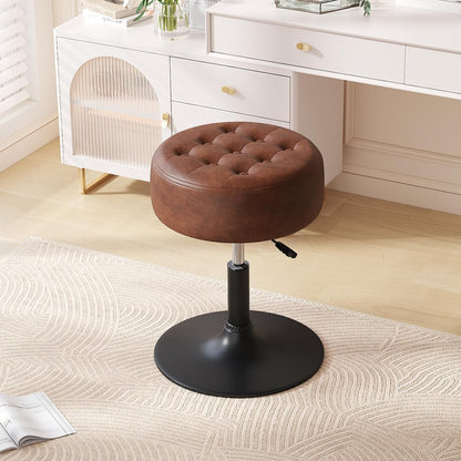 Mid-Century Tufted Adjustable Swivel Makeup Ottoman Stool; Modern Big Size Round Vanity Stool Chair for Bedroom Living Room (White)