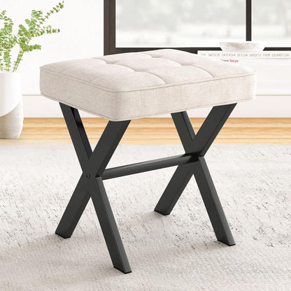Vanity Stool, Square Linen Makeup Stool with Metal X Legs, Small Ottoman Stool Chair for Vanity, Modern Padded Vanity Seat Foot Rest Stool for Makeup Room, Living Room, Bathroom, Carbon Gray