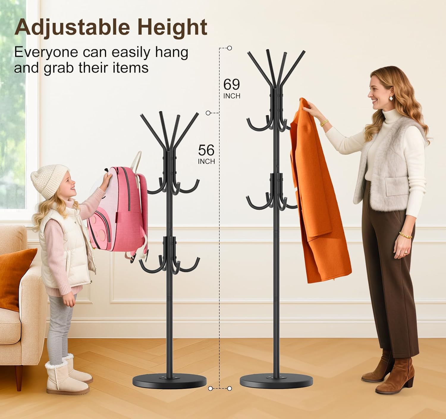 Heavy Duty Coat Rack Freestanding with Stable Wood Base Modern Coat Tree with 12 Hooks Adjustable Coats Hanger Stand Stylish Standing Clothes Tree for Entryway Bedroom Corner Hall