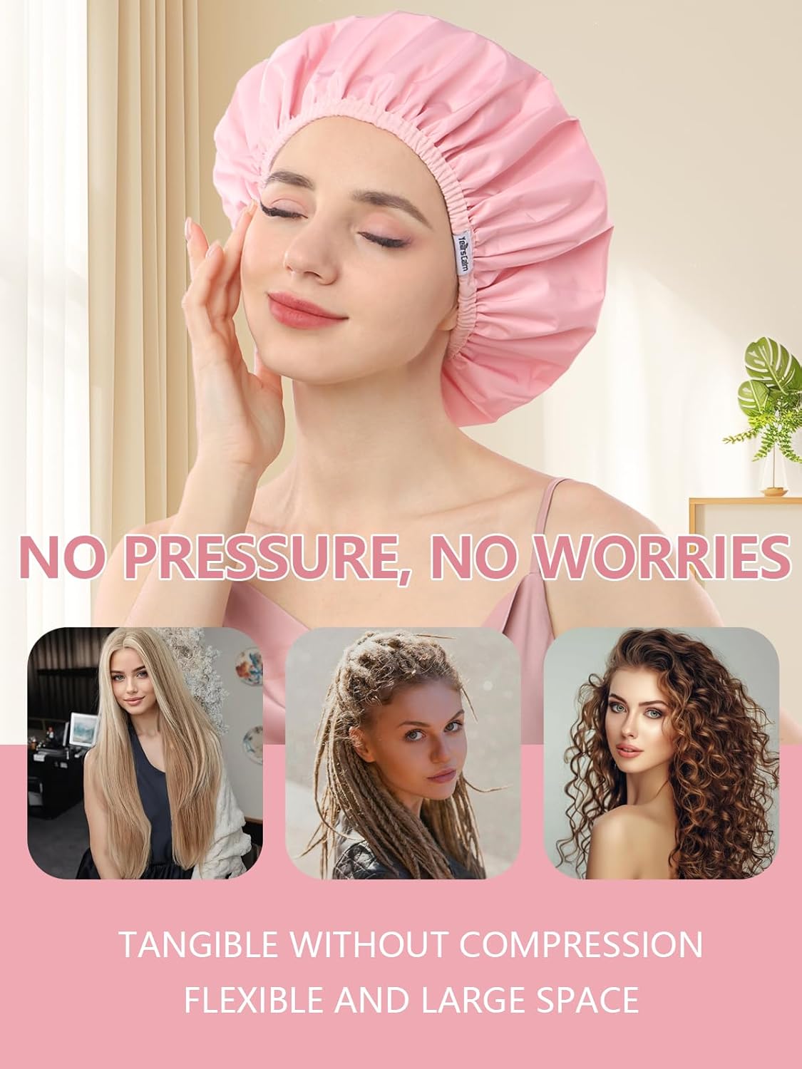 Shower Caps for Women Reusable Waterproof, Double Layer Waterproof Fabric - Both Sides Usable, Reversible Pattern & Solid Color Design, Soft Elastic Keeps Hair Dry for shower Spa Travel